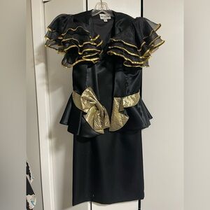Vintage 80s Nancy Bracoloni Elegant Black and Gold Ruffled Dress